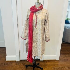 Alkaram Gold Block Print Kurta with Dubatta